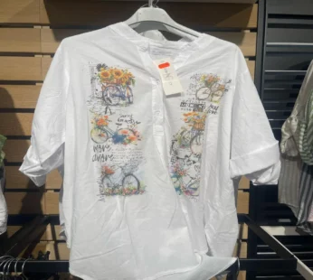 Weiße Damenbluse mit Fahrrad-Print