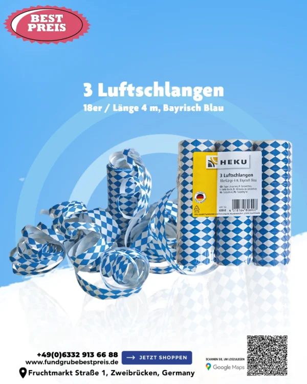 Oktoberfest Bayrisch Blaue Luftschlangen (3er-Pack, je 4 m)