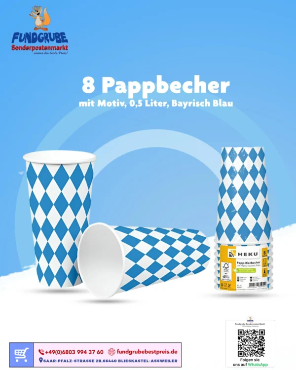 8 Pappbecher "Bayrisch Blau" – 0,5L Partybecher für Oktoberfest