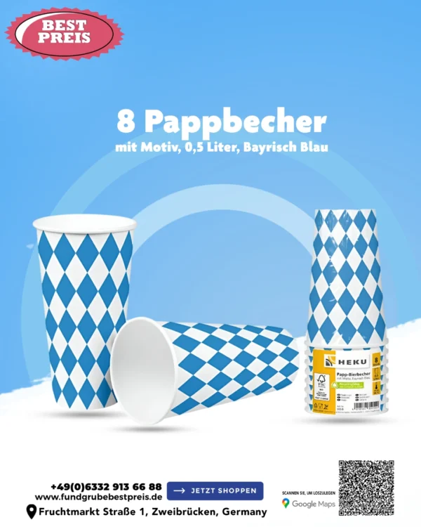 Oktoberfest Bayrisch Blau & Weiße Pappbecher (8er-Pack, 0,5 Liter)
