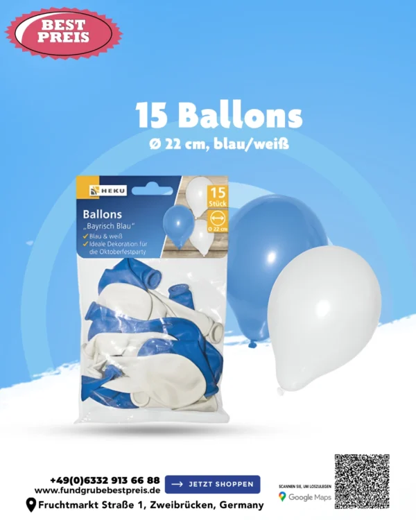 Oktoberfest Blau & Weiße Party-Ballons (15er-Pack, 22 cm)