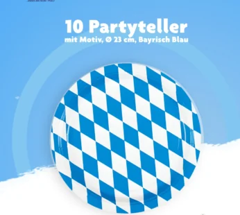 10 Partyteller „Bayrisch Blau“ – Pappteller mit Rautenmuster (Ø 23 cm)