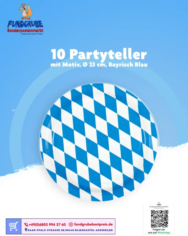 10 Partyteller "Bayrisch Blau" – Pappteller mit Rautenmuster (Ø 23 cm)